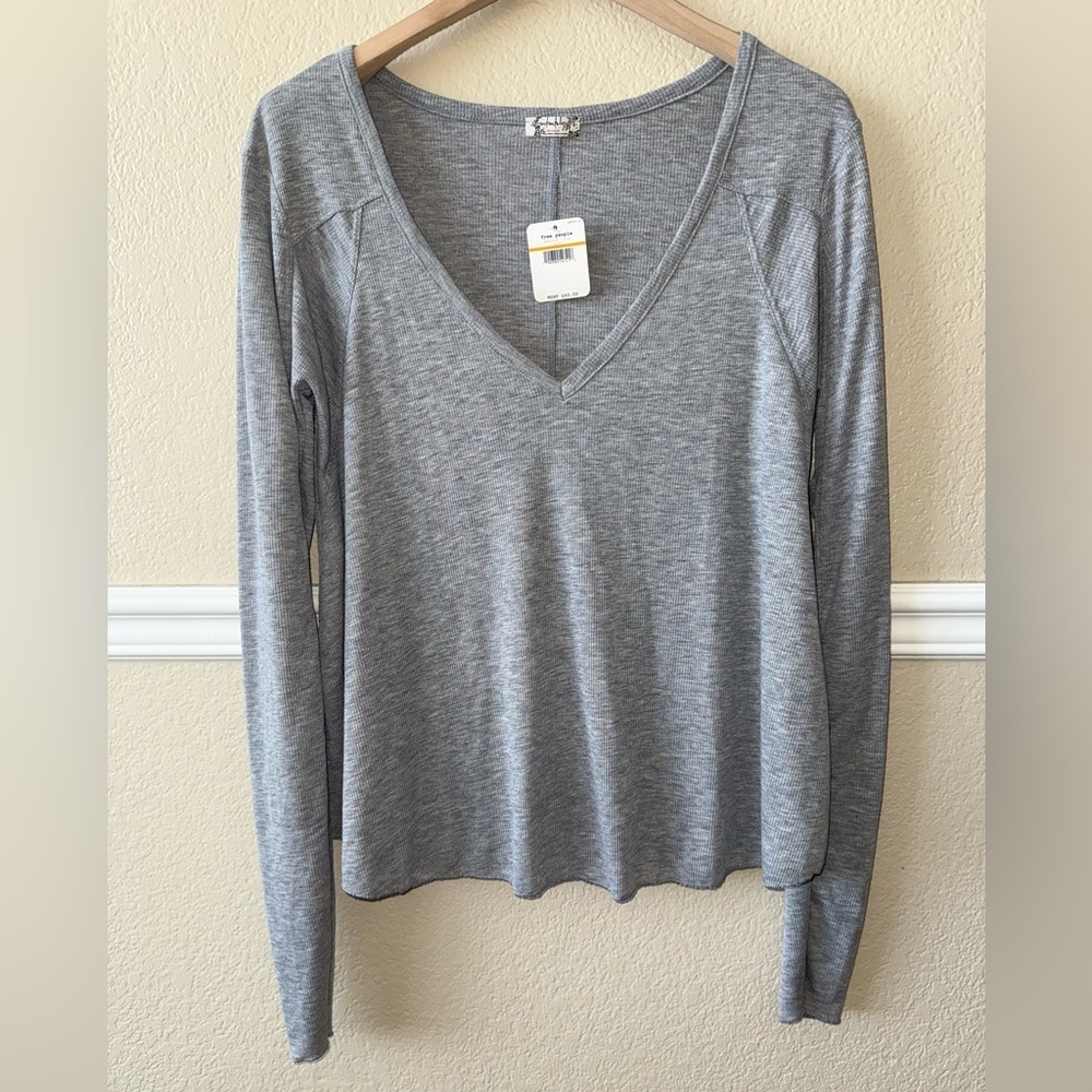 NEW Free People Don’t Rock The Boat Ribbed Long Sleeve V Neck T shirt Gray Small
